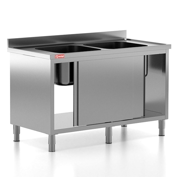 Chiuveta - Spalator profesional din inox cu 2 cuve centrale, dulap cu usi glisante, dimensiuni 1400x700x850 mm