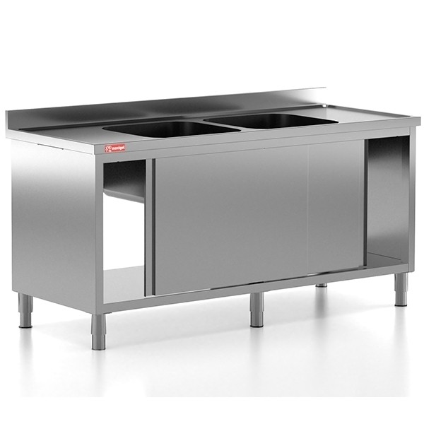 Chiuveta - Spalator profesional din inox cu 2 cuve centrale, dulap cu usi glisante, dimensiuni 1800x700x850 mm