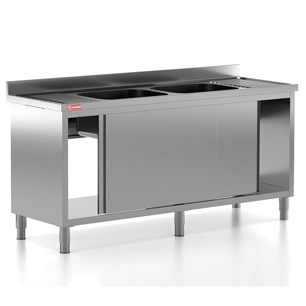 Chiuveta - Spalator profesional din inox cu 2 cuve centrale, dulap cu usi glisante, dimensiuni 1800x700x850 mm