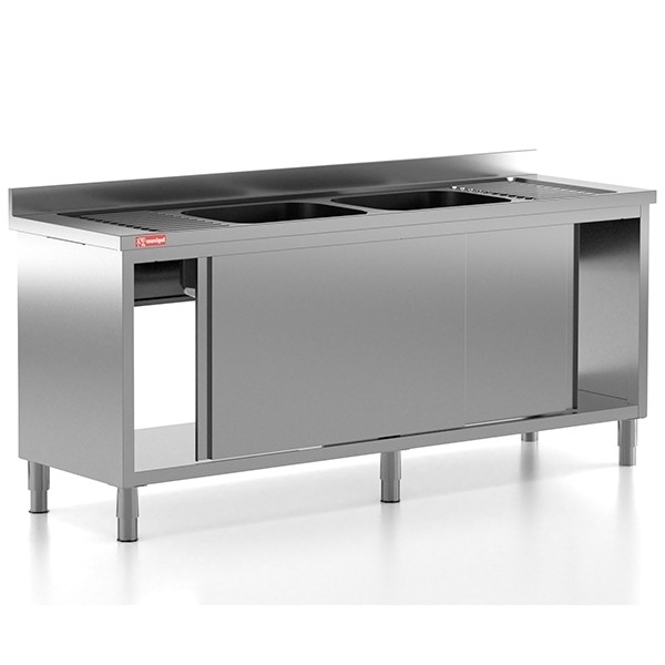 Chiuveta - Spalator profesional din inox cu 2 cuve centrale, dulap cu usi glisante, dimensiuni 2000x700x850 mm