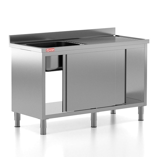 Chiuveta - Spalator profesional din inox cu 1 cuva pe stanga, dulap cu usi glisante, dimensiuni 1400x600x850 mm