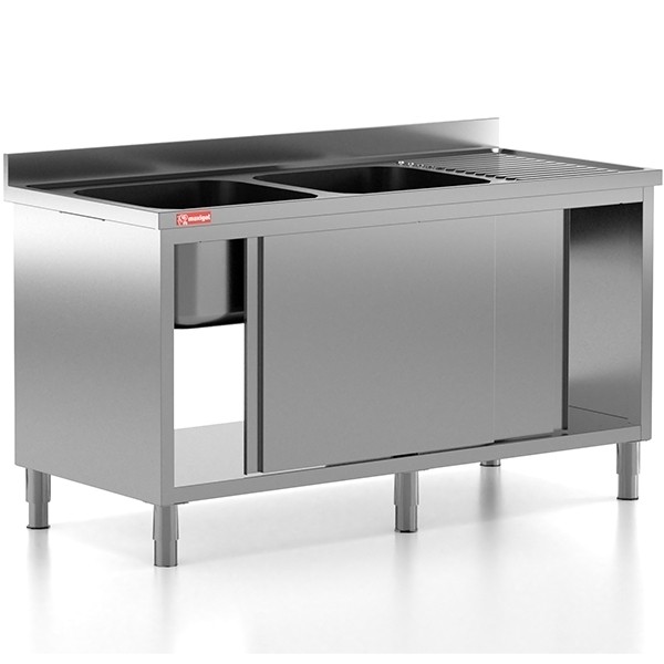 Chiuveta - Spalator profesional din inox cu 2 cuve pe stanga, dulap cu usi glisante, dimensiuni 1600x700x850 mm