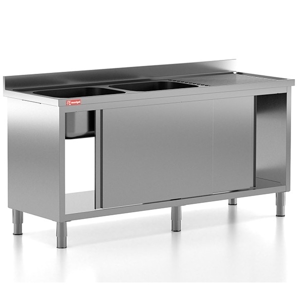 Chiuveta - Spalator profesional din inox cu 2 cuve pe stanga, dulap cu usi glisante, dimensiuni 1800x700x850 mm