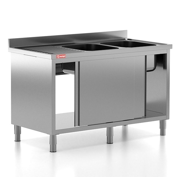 Chiuveta - Spalator profesional din inox cu 2 cuve pe dreapta, dulap cu usi glisante, dimensiuni 1600x700x850 mm