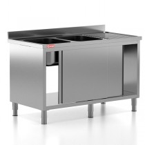 Chiuveta - Spalator profesional din inox cu 2 cuve pe stanga, dulap cu usi glisante, dimensiuni 1400x700x850 mm