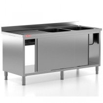 Chiuveta - Spalator profesional din inox cu 2 cuve pe dreapta, dulap cu usi glisante, dimensiuni 1600x700x850 mm