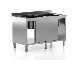 Chiuveta - Spalator profesional din inox cu 2 cuve centrale, dulap cu usi glisante, dimensiuni 1400x700x850 mm