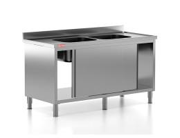 Chiuveta - Spalator profesional din inox cu 2 cuve centrale, dulap cu usi glisante, dimensiuni 1600x700x850 mm