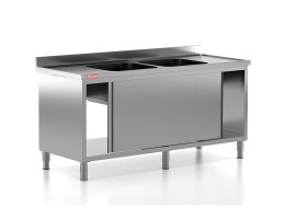 Chiuveta - Spalator profesional din inox cu 2 cuve centrale, dulap cu usi glisante, dimensiuni 1800x700x850 mm