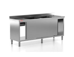 Chiuveta - Spalator profesional din inox cu 2 cuve centrale, dulap cu usi glisante, dimensiuni 2000x700x850 mm