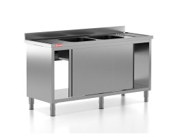 Chiuveta - Spalator profesional din inox cu 2 cuve centrale, dulap cu usi glisante, dimensiuni 1600x600x850 mm