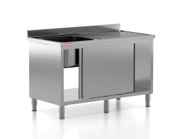 Chiuveta - Spalator profesional din inox cu 1 cuva pe stanga, dulap cu usi glisante, dimensiuni 1400x700x850 mm