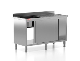 Chiuveta - Spalator profesional din inox cu 1 cuva pe stanga, dulap cu usi glisante, dimensiuni 1400x600x850 mm