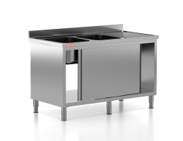 Chiuveta - Spalator profesional din inox cu 2 cuve pe stanga, dulap cu usi glisante, dimensiuni 1400x700x850 mm