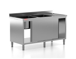 Chiuveta - Spalator profesional din inox cu 2 cuve pe stanga, dulap cu usi glisante, dimensiuni 1600x700x850 mm