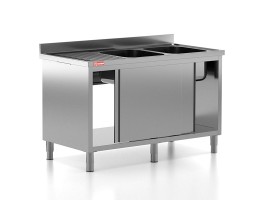 Chiuveta - Spalator profesional din inox cu 2 cuve pe dreapta, dulap cu usi glisante, dimensiuni 1600x700x850 mm