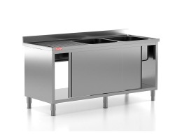 Chiuveta - Spalator profesional din inox cu 2 cuve pe dreapta, dulap cu usi glisante, dimensiuni 1600x700x850 mm