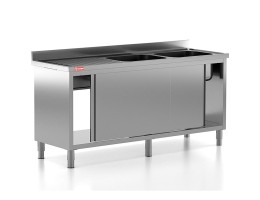 Chiuveta - Spalator profesional din inox cu 2 cuve pe dreapta, dulap cu usi glisante, dimensiuni 1800x700x850 mm